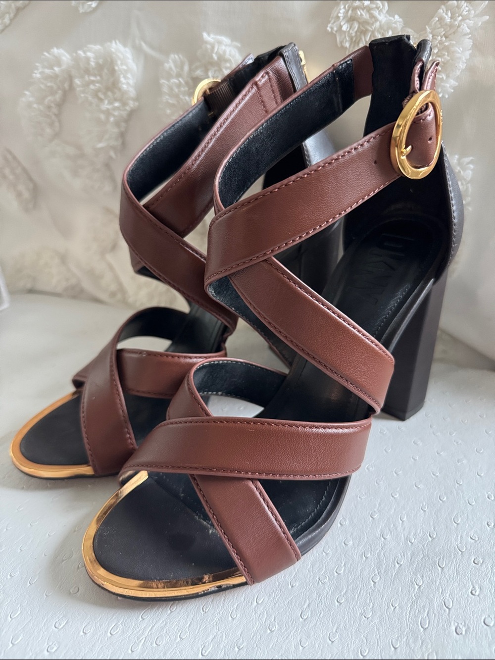 DKNY Brown Strappy Block Heel Sandals with Gold Accent